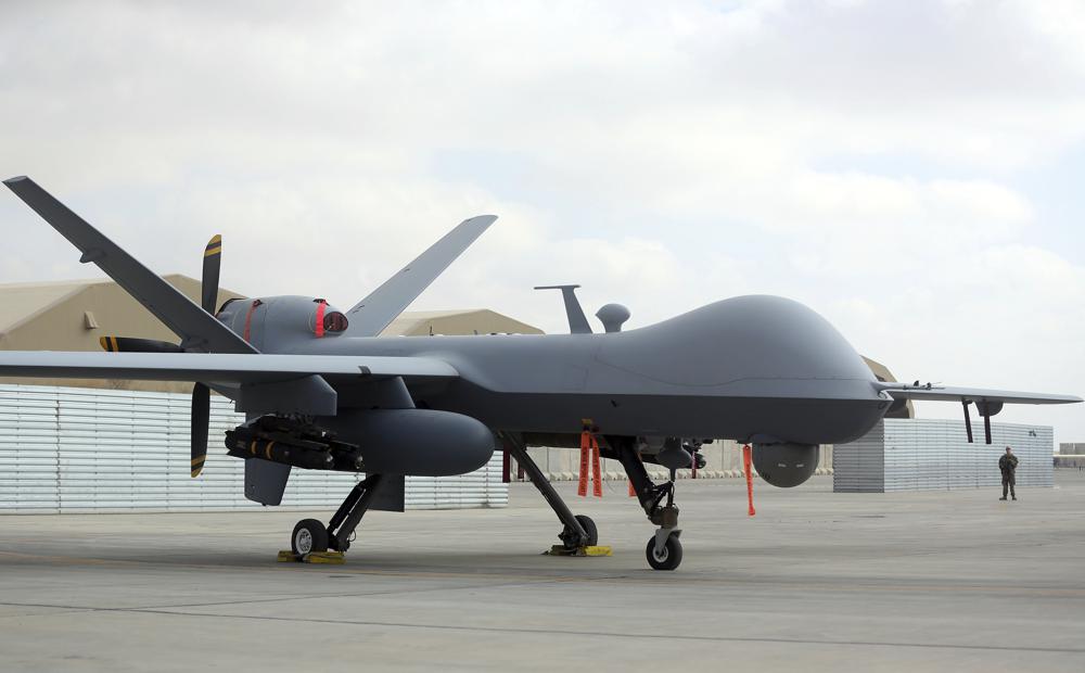 U.S MQ-9 drone is on display during an air show at Kandahar Airfield, Afghanistan
